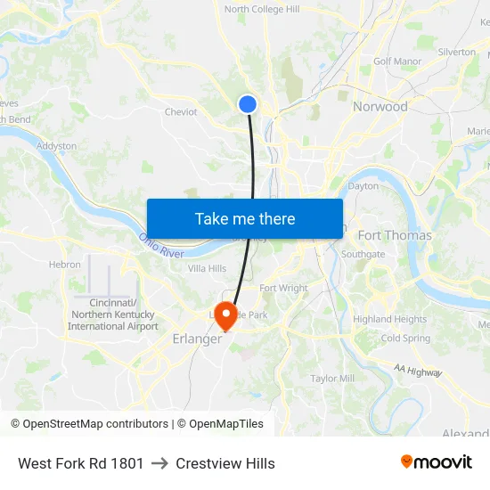West Fork Rd 1801 to Crestview Hills map