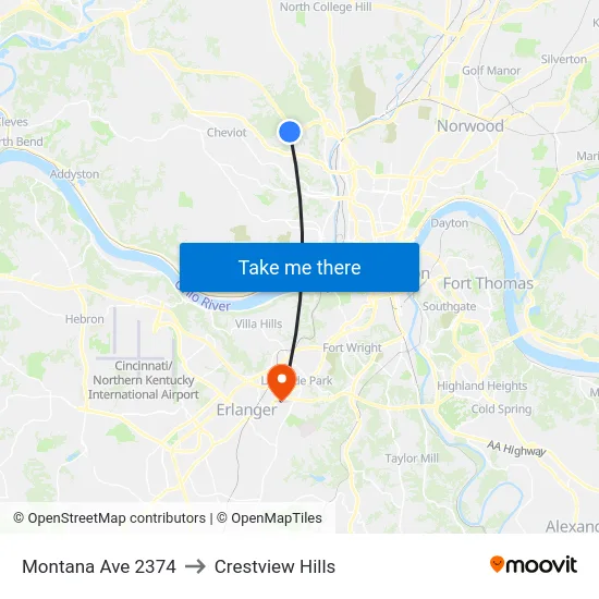 Montana Ave 2374 to Crestview Hills map