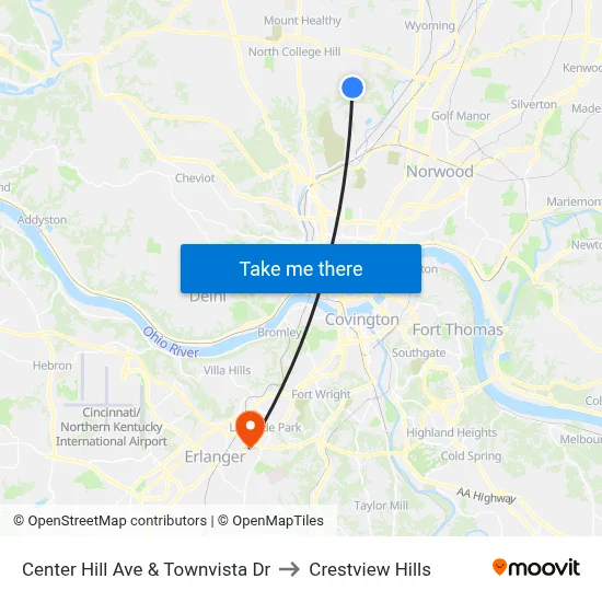 Center Hill Ave & Townvista Dr to Crestview Hills map