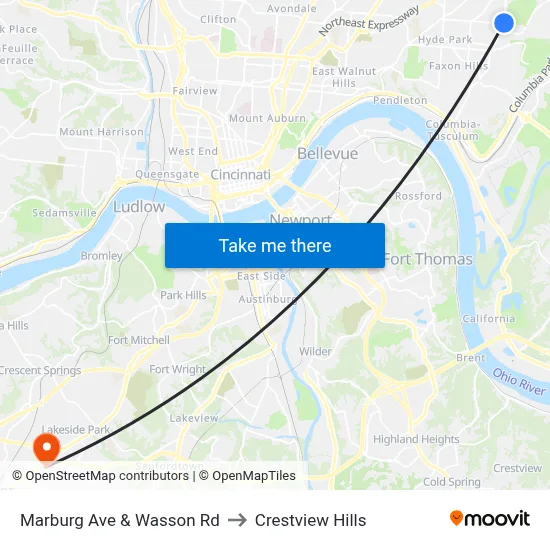 Marburg Ave & Wasson Rd to Crestview Hills map