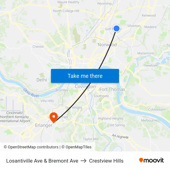 Losantiville Ave & Bremont Ave to Crestview Hills map