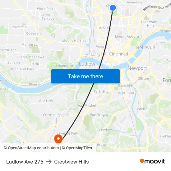 Ludlow Ave 275 to Crestview Hills map