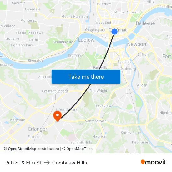 6th St & Elm St to Crestview Hills map