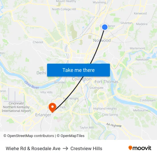 Wiehe Rd & Rosedale Ave to Crestview Hills map