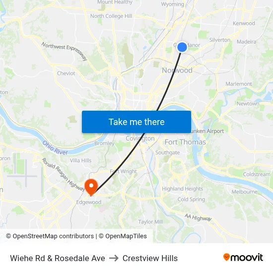 Wiehe Rd & Rosedale Ave to Crestview Hills map