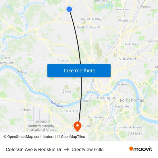 Colerain Ave & Redskin Dr to Crestview Hills map