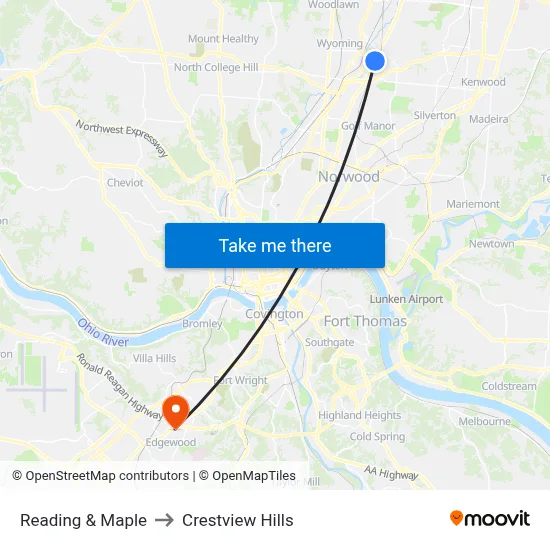Reading & Maple to Crestview Hills map