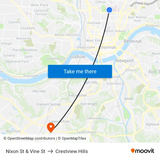 Nixon St & Vine St to Crestview Hills map
