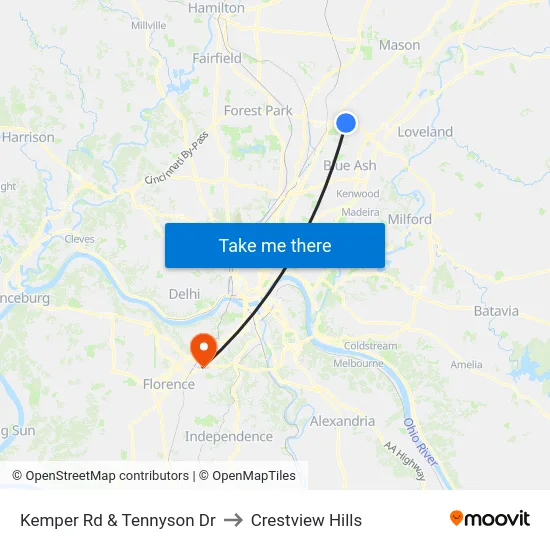 Kemper Rd & Tennyson Dr to Crestview Hills map