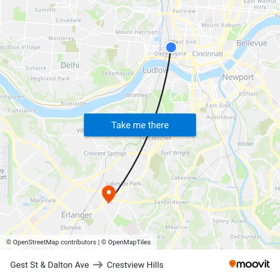 Gest St & Dalton Ave to Crestview Hills map