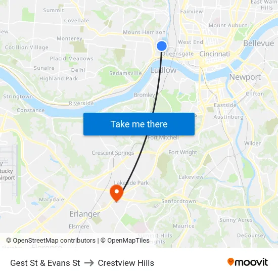 Gest St & Evans St to Crestview Hills map