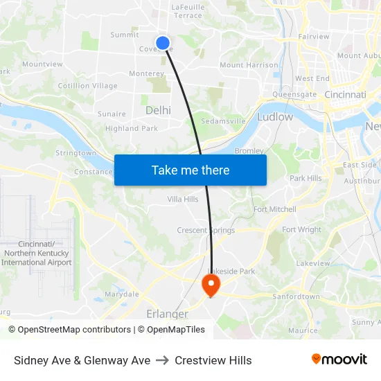 Sidney Ave & Glenway Ave to Crestview Hills map
