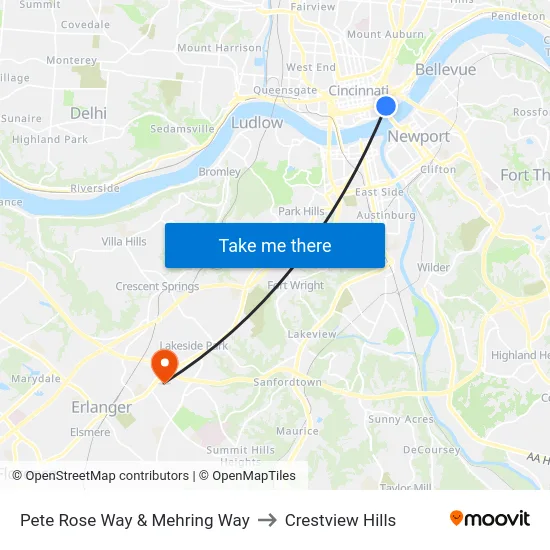 Pete Rose Way & Mehring Way to Crestview Hills map