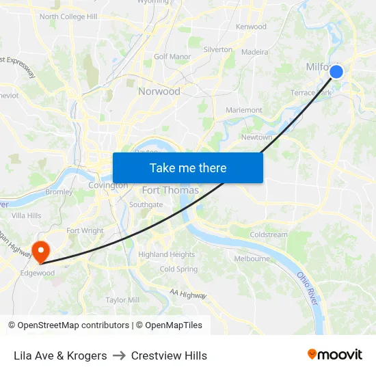 Lila Ave & Krogers to Crestview Hills map