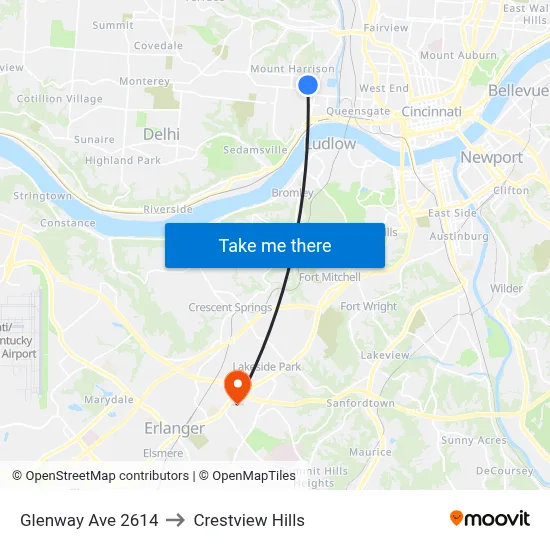 Glenway Ave 2614 to Crestview Hills map