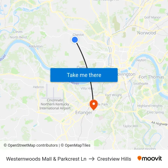 Westernwoods Mall & Parkcrest Ln to Crestview Hills map