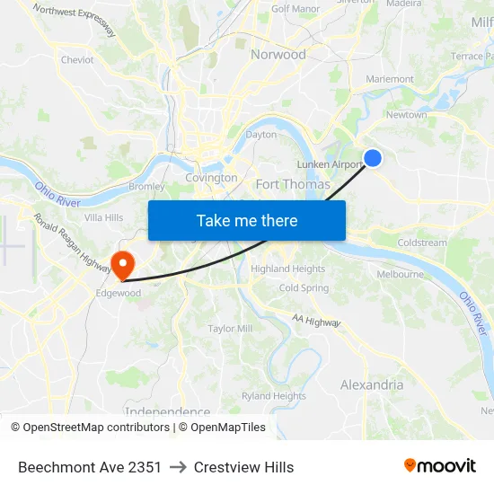 Beechmont Ave 2351 to Crestview Hills map