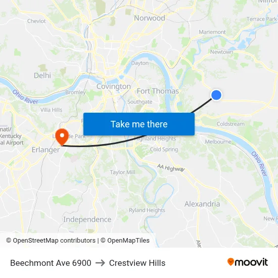 Beechmont Ave 6900 to Crestview Hills map