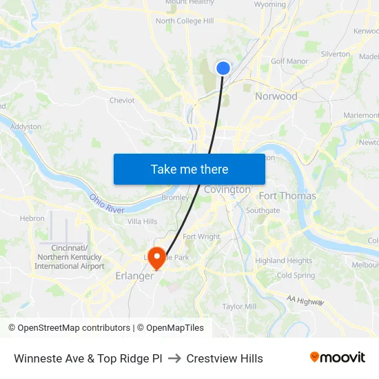 Winneste Ave & Top Ridge Pl to Crestview Hills map