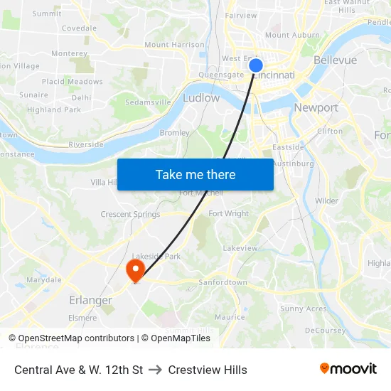 Central Ave & W. 12th St to Crestview Hills map