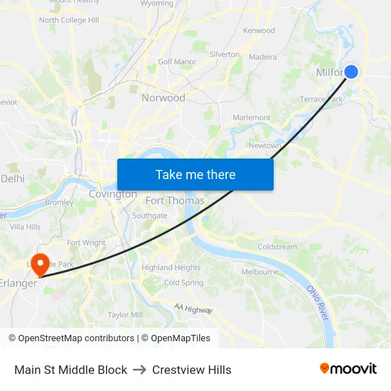 Main St Middle Block to Crestview Hills map