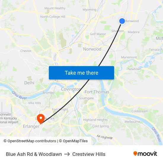 Blue Ash Rd & Woodlawn to Crestview Hills map