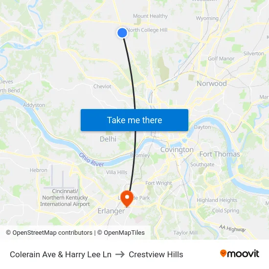 Colerain Ave & Harry Lee Ln to Crestview Hills map