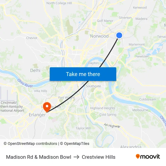 Madison Rd & Madison Bowl to Crestview Hills map