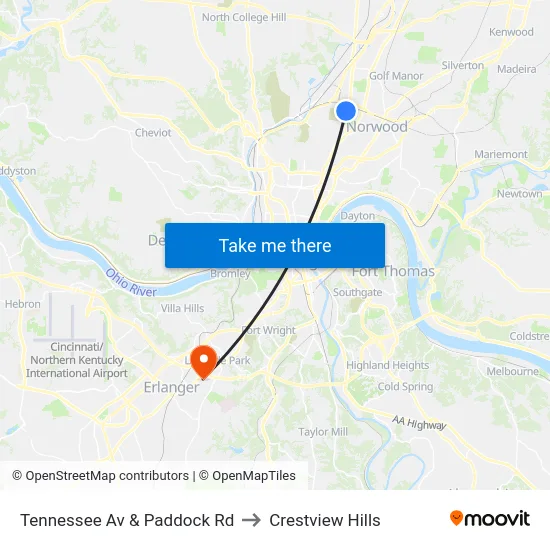 Tennessee Av & Paddock Rd to Crestview Hills map