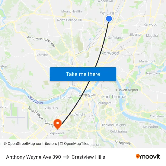 Anthony Wayne Ave 390 to Crestview Hills map