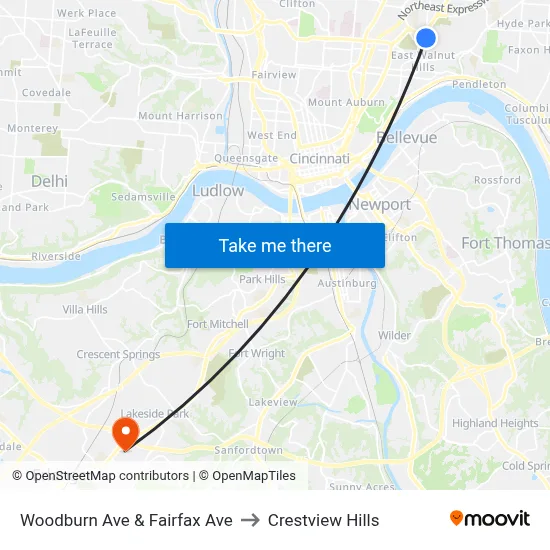 Woodburn Ave & Fairfax Ave to Crestview Hills map