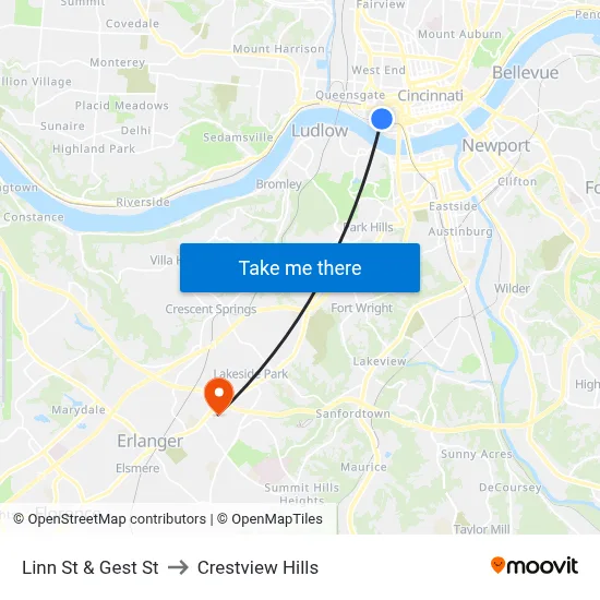 Linn St & Gest St to Crestview Hills map