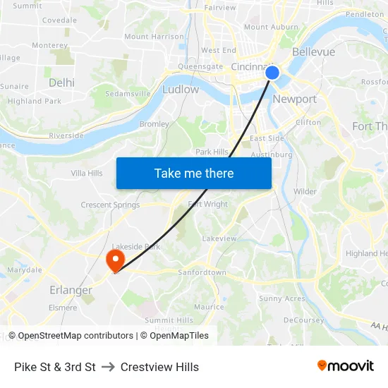 Pike St & 3rd St to Crestview Hills map