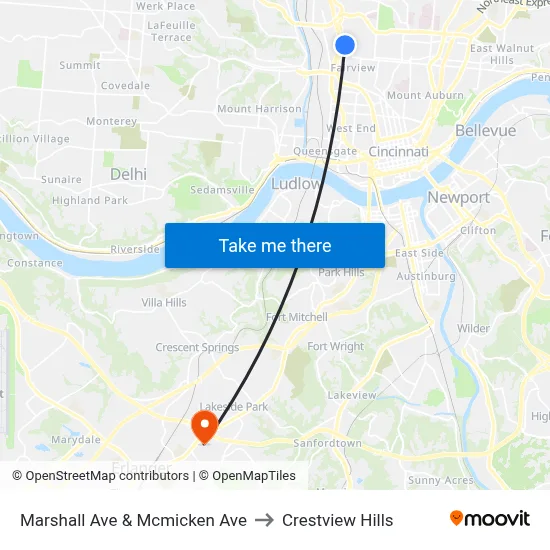 Marshall Ave & Mcmicken Ave to Crestview Hills map