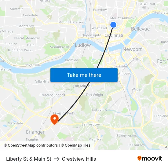Liberty St & Main St to Crestview Hills map