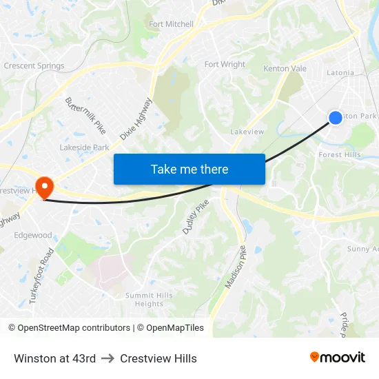 Winston at 43rd to Crestview Hills map