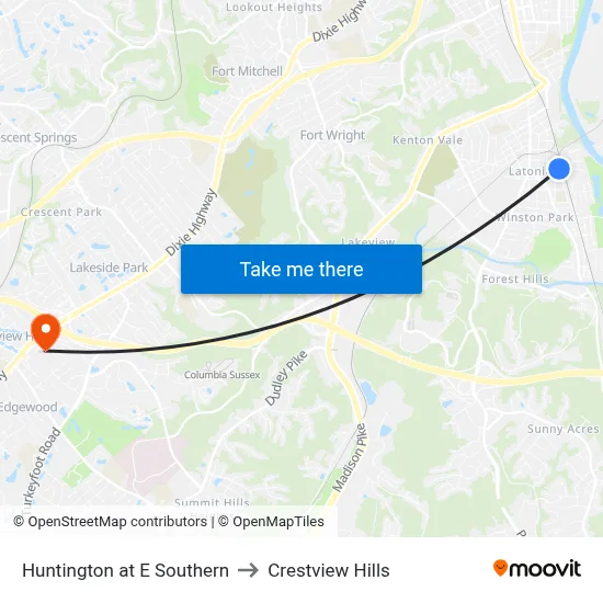 Huntington at E Southern to Crestview Hills map