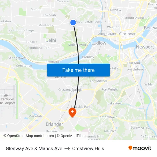 Glenway Ave & Manss Ave to Crestview Hills map