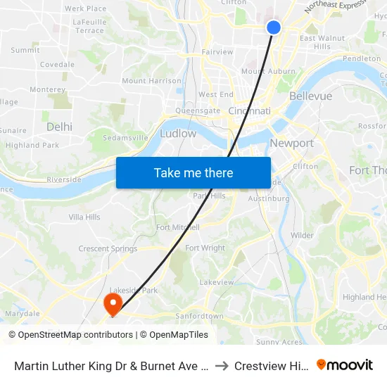 Martin Luther King Dr & Burnet Ave Eb to Crestview Hills map