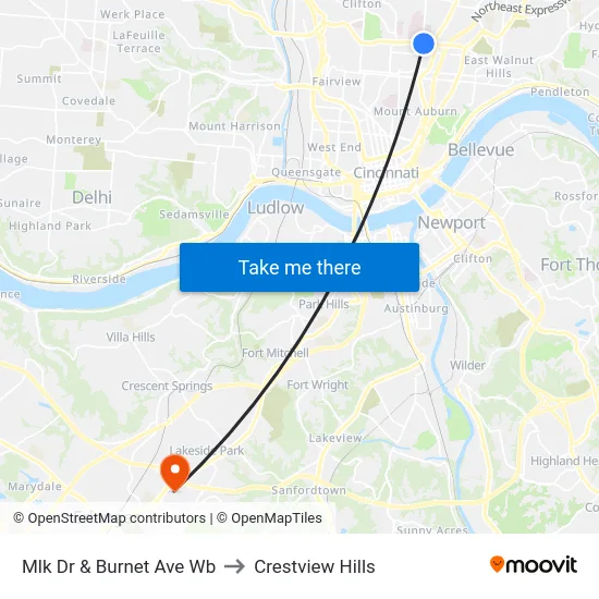 Mlk Dr & Burnet Ave Wb to Crestview Hills map