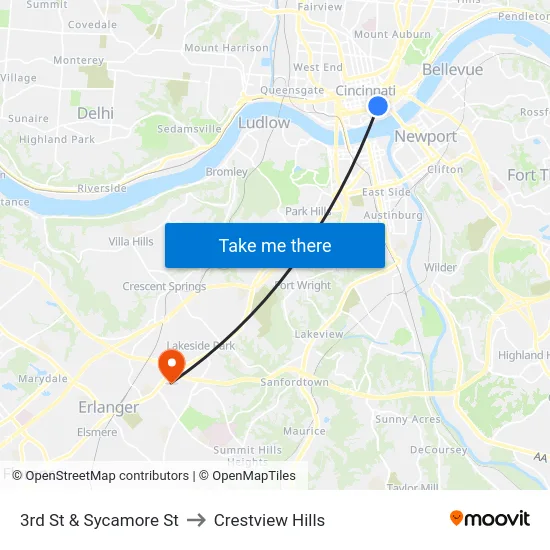 3rd St & Sycamore St to Crestview Hills map