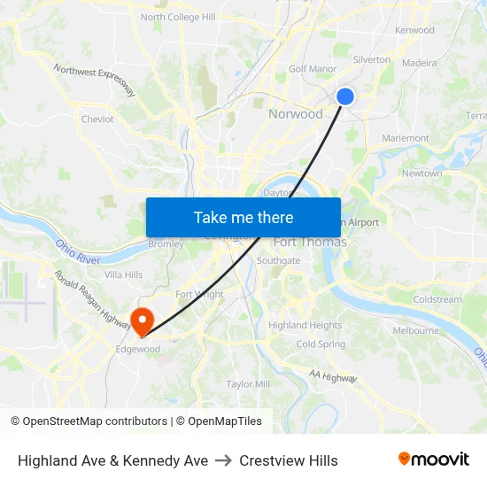Highland Ave & Kennedy Ave to Crestview Hills map