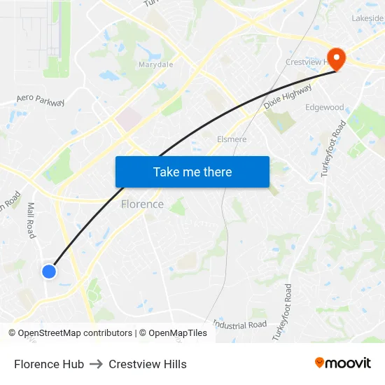 Florence Hub to Crestview Hills map
