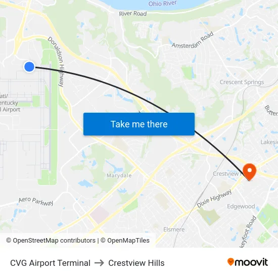 CVG Airport Terminal to Crestview Hills map