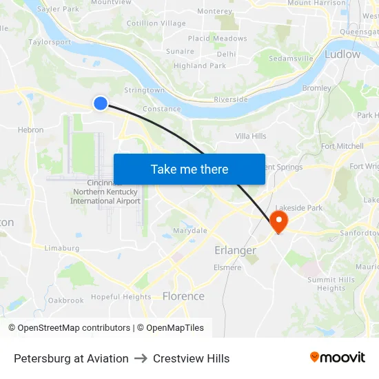 Petersburg at Aviation to Crestview Hills map