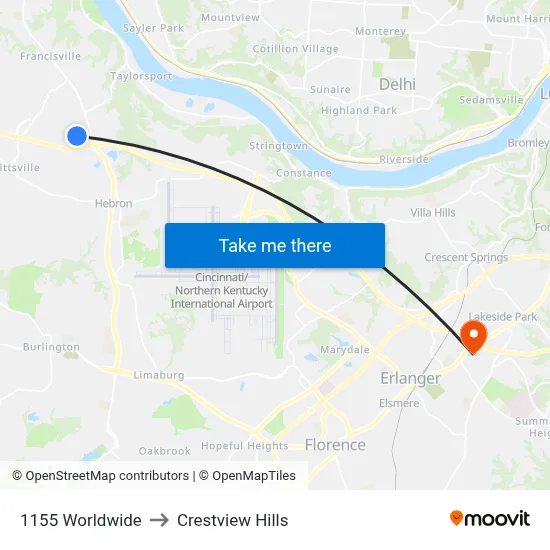 1155 Worldwide to Crestview Hills map