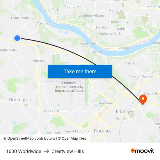 1600 Worldwide to Crestview Hills map