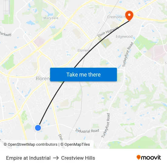Empire at Industrial to Crestview Hills map