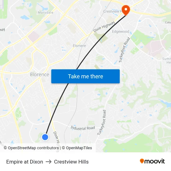 Empire at Dixon to Crestview Hills map
