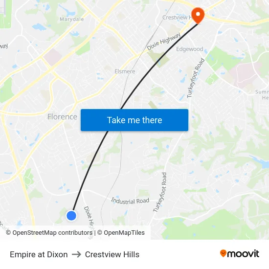 Empire at Dixon to Crestview Hills map